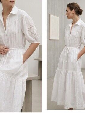 XiRENA White Tiered Eyelet Midi Dress with Drawstring Waist Size XS